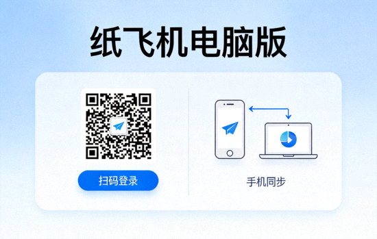 纸飞机电脑版登录界面截图 - 显示二维码登录和手机同步示意图